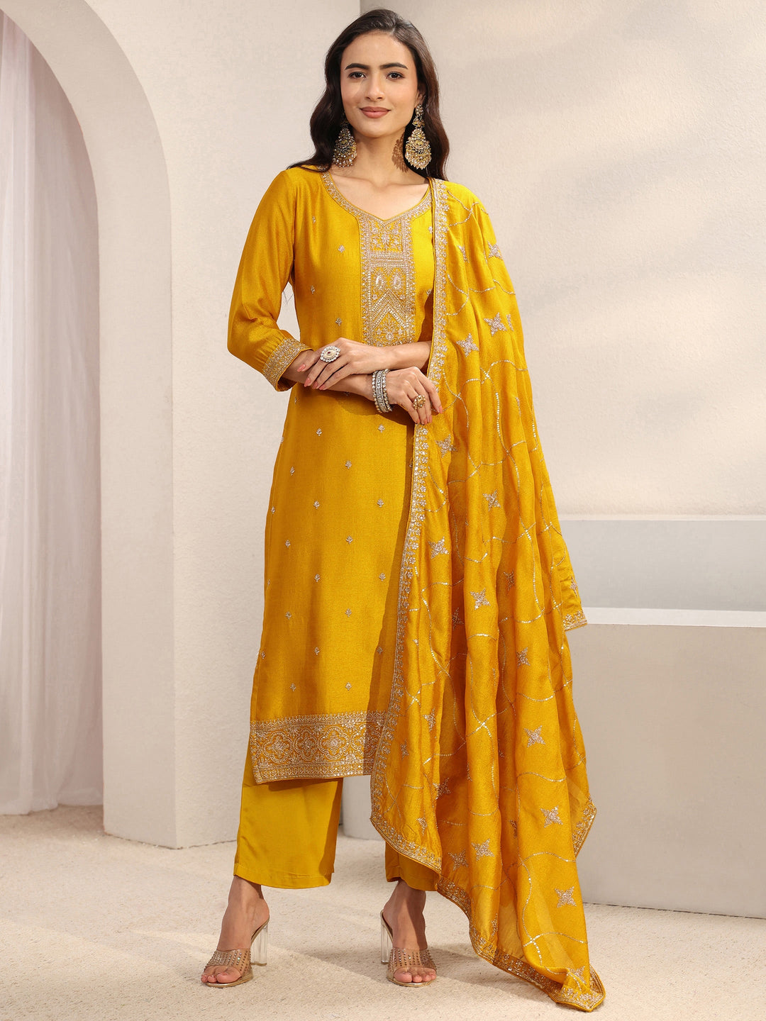 Mustard Ethnic Embroidered Silk Blend Straight Suit Set With Dupatta