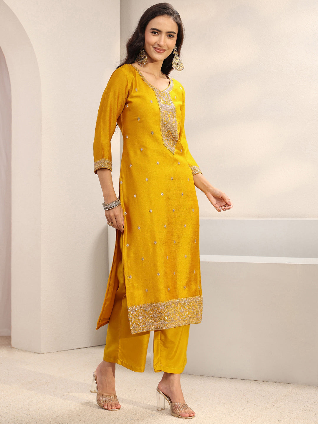 Mustard Ethnic Embroidered Silk Blend Straight Suit Set With Dupatta