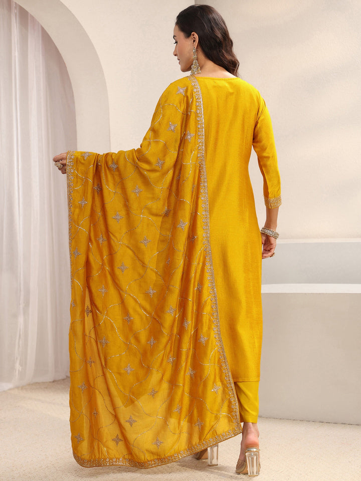 Mustard Ethnic Embroidered Silk Blend Straight Suit Set With Dupatta