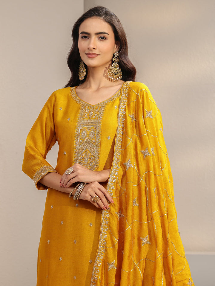 Mustard Ethnic Embroidered Silk Blend Straight Suit Set With Dupatta