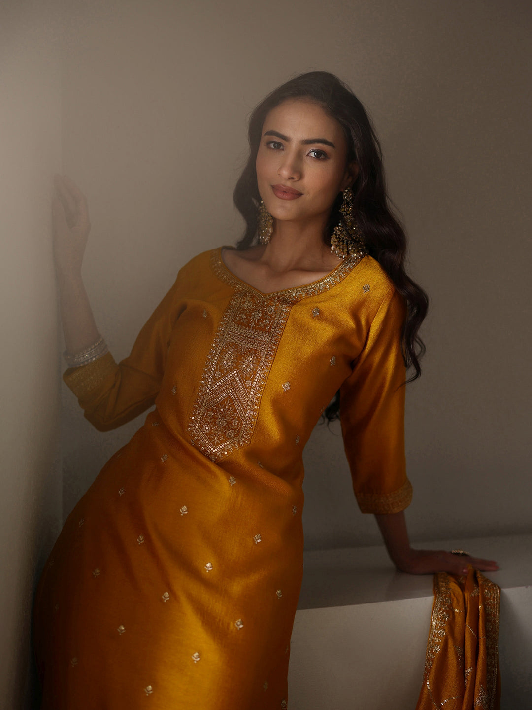 Mustard Ethnic Embroidered Silk Blend Straight Suit Set With Dupatta