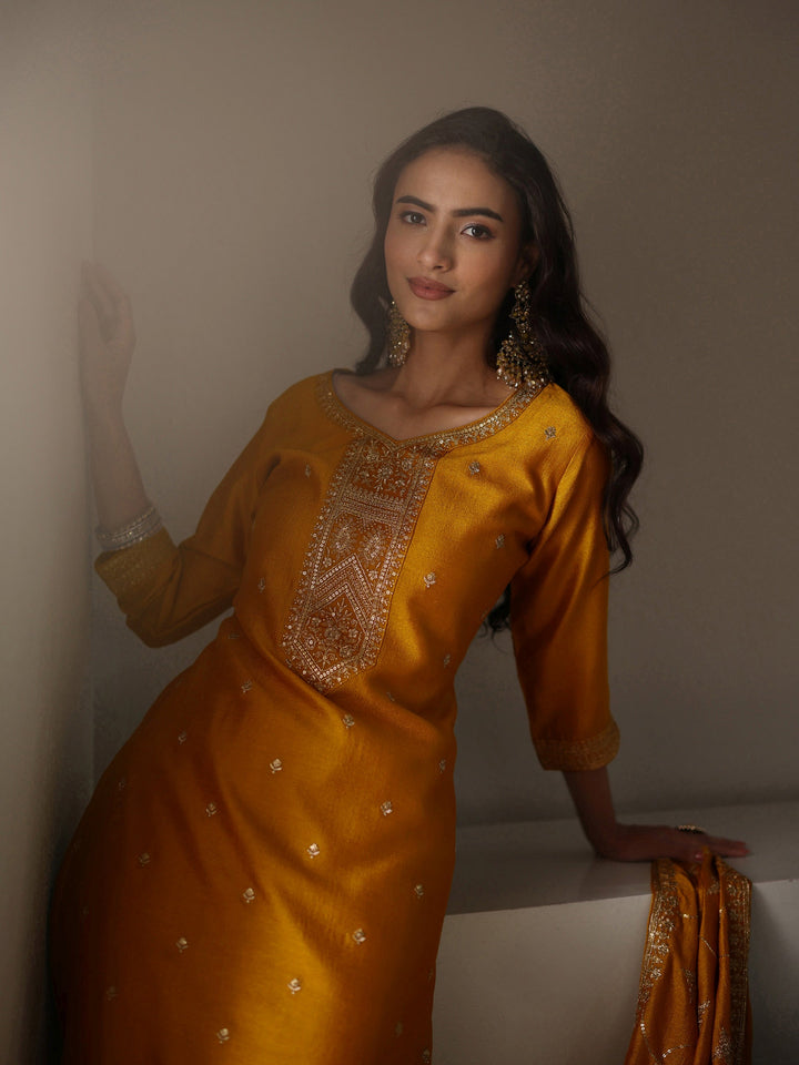 Mustard Ethnic Embroidered Silk Blend Straight Suit Set With Dupatta