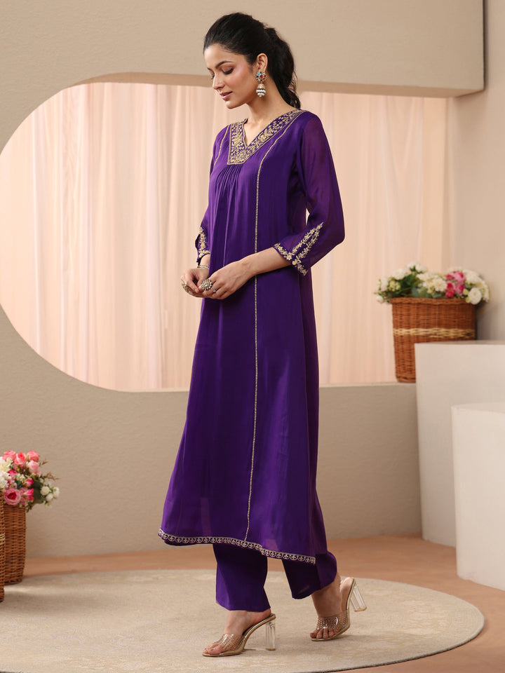 Purple Embellished Silk Blend A-Line Suit Set
