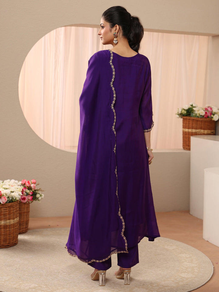Purple Embellished Silk Blend A-Line Suit Set