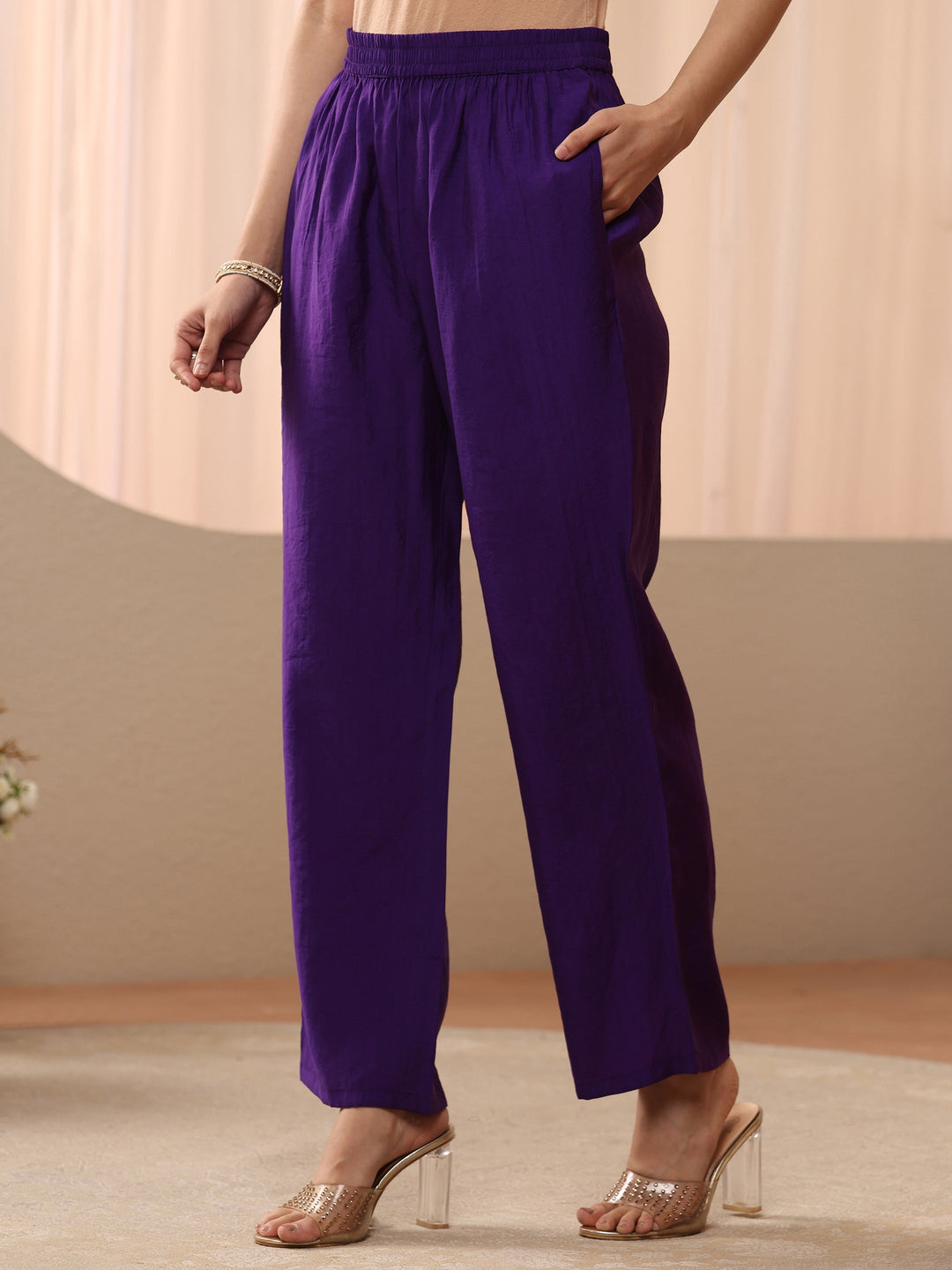 Purple Embellished Silk Blend A-Line Suit Set