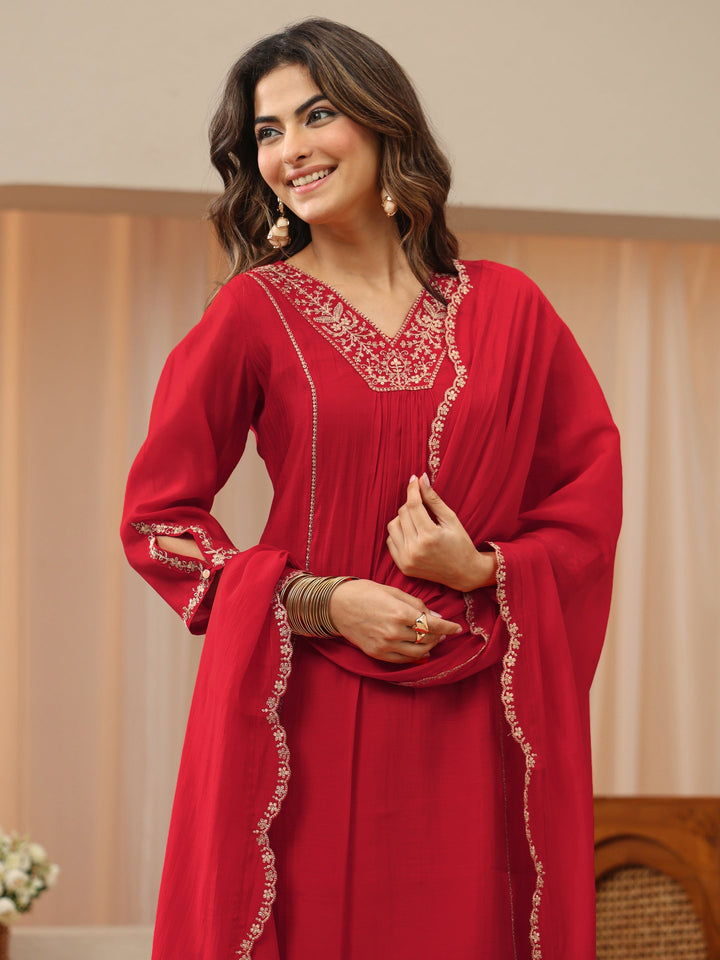 Red Embellished Yoke Silk Blend A-Line Suit Set
