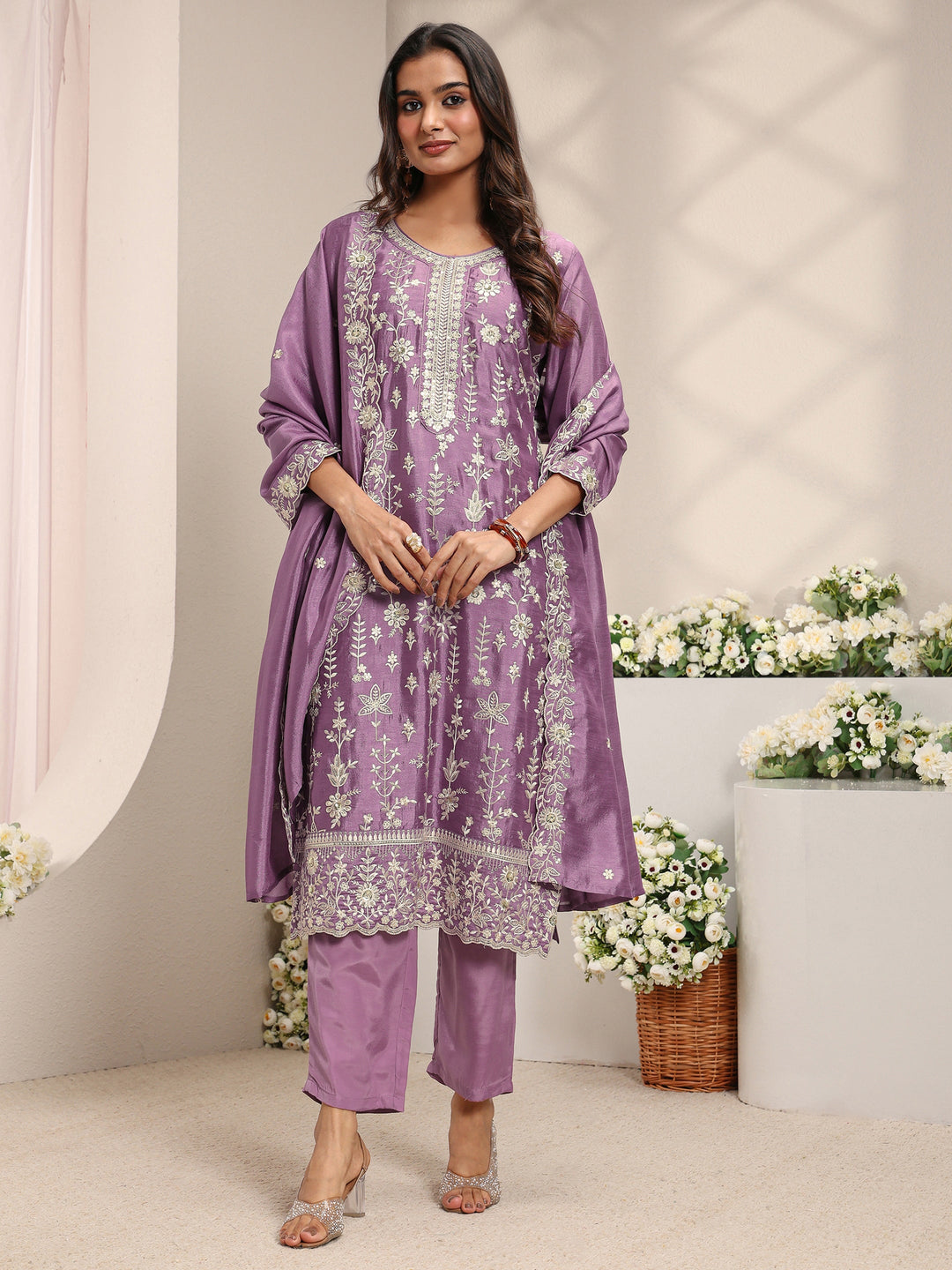 Lavender Floral Embroidered Silk Blend Straight Suit Set With Dupatta