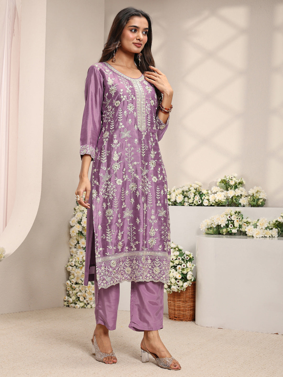 Lavender Floral Embroidered Silk Blend Straight Suit Set With Dupatta
