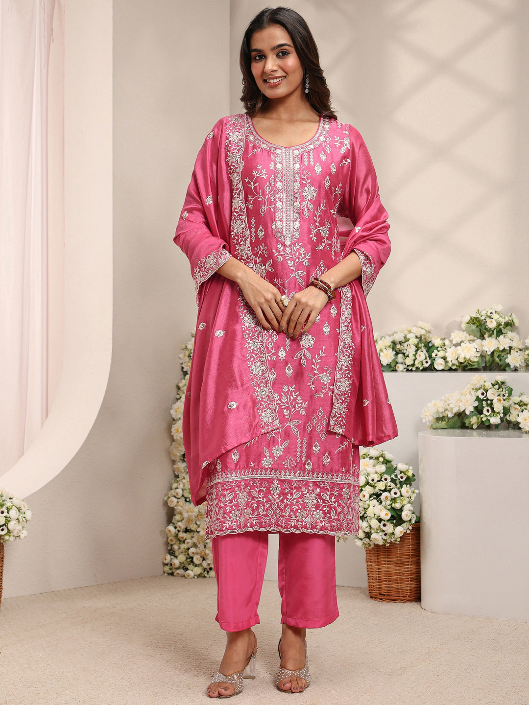 Pink Floral Embroidered Silk Blend Straight Suit Set With Dupatta