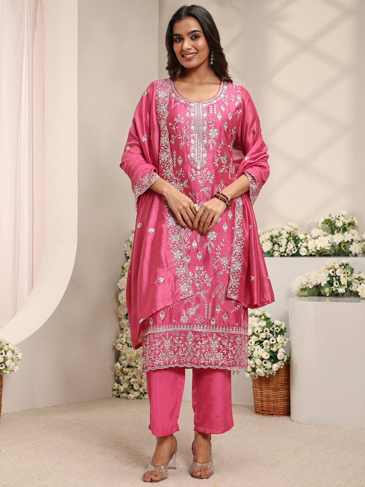 Pink Floral Embroidered Silk Blend Straight Suit Set With Dupatta