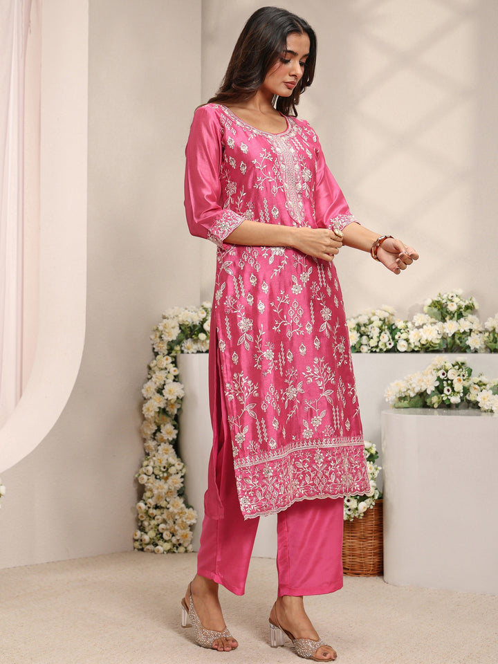 Pink Floral Embroidered Silk Blend Straight Suit Set With Dupatta