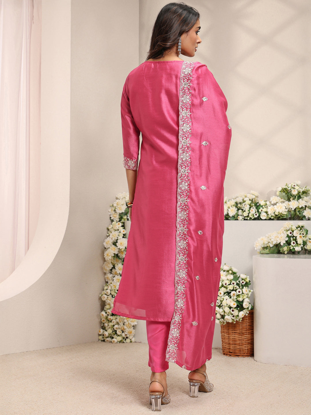 Pink Floral Embroidered Silk Blend Straight Suit Set With Dupatta
