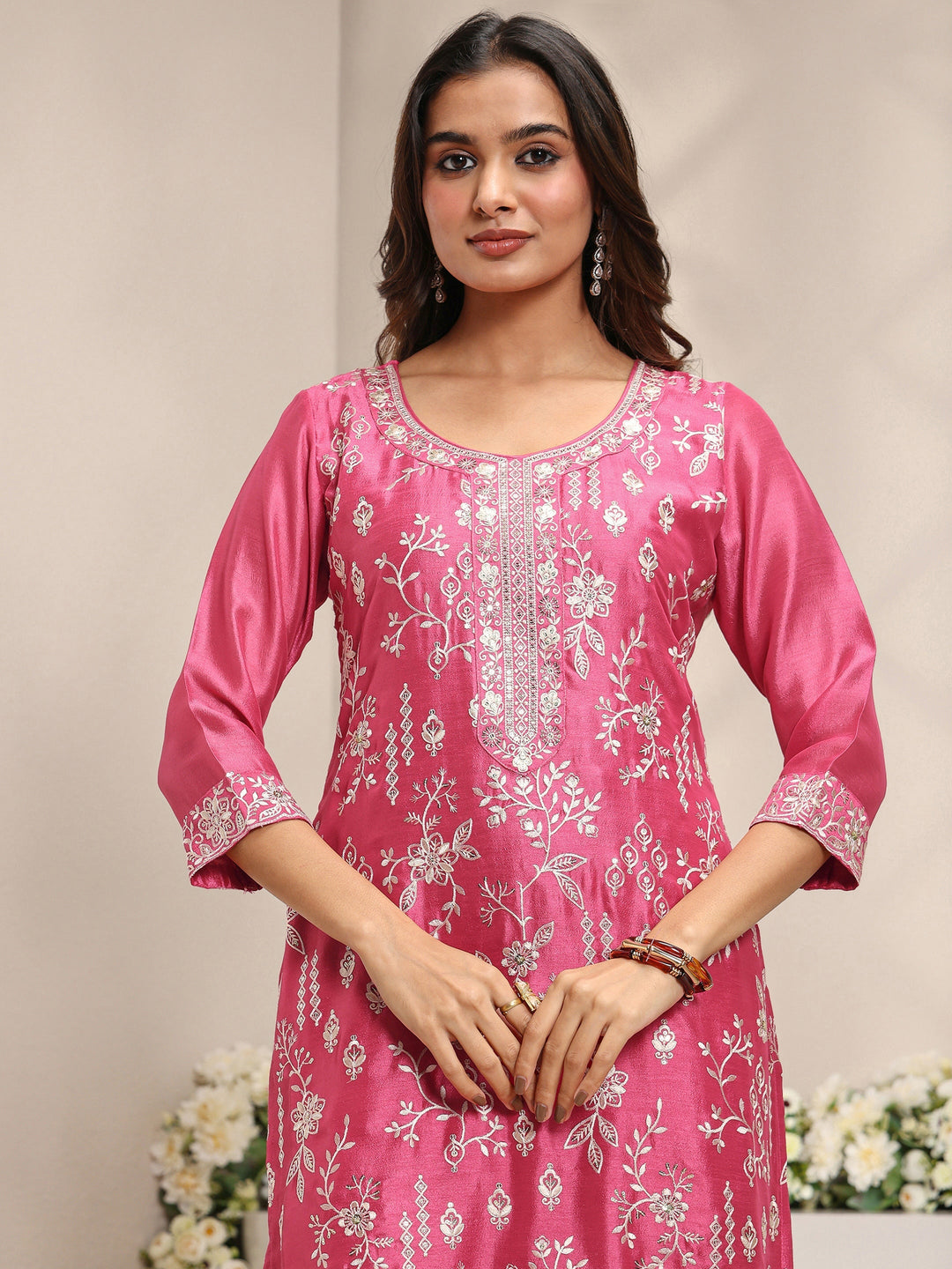 Pink Floral Embroidered Silk Blend Straight Suit Set With Dupatta