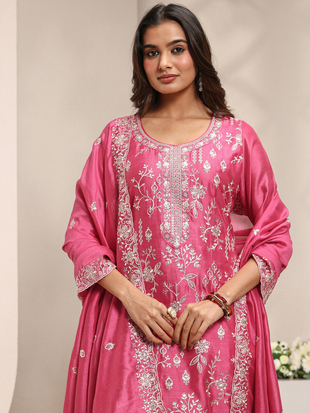 Pink Floral Embroidered Silk Blend Straight Suit Set With Dupatta