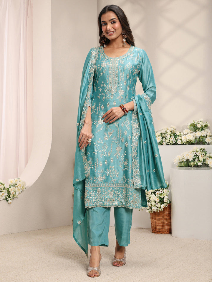 Blue Floral Embroidered Silk Blend Straight Suit Set With Dupatta