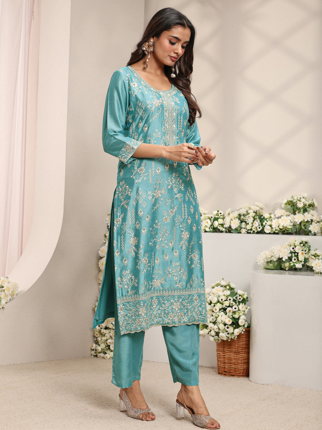 Blue Floral Embroidered Silk Blend Straight Suit Set With Dupatta