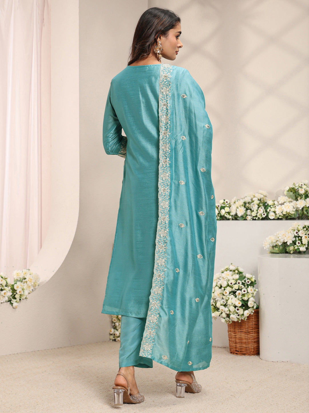 Blue Floral Embroidered Silk Blend Straight Suit Set With Dupatta