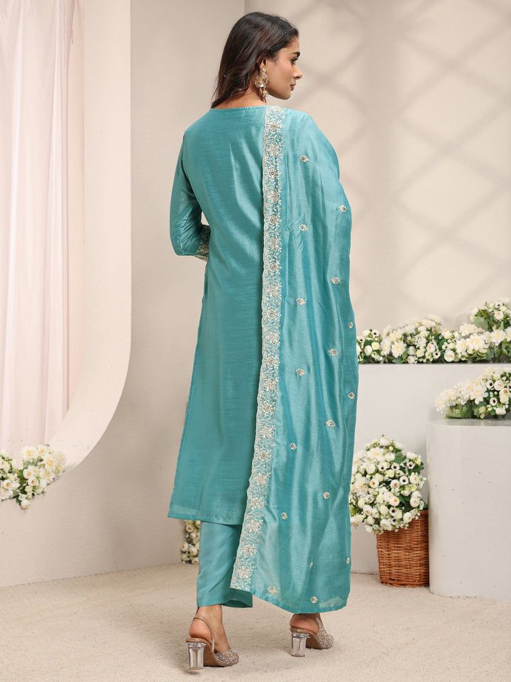 Blue Floral Embroidered Silk Blend Straight Suit Set With Dupatta