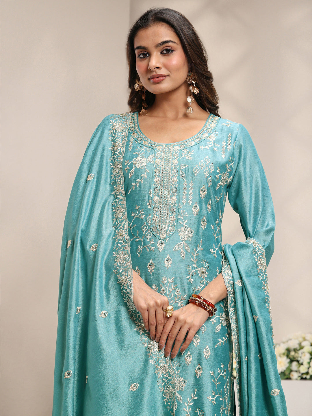 Blue Floral Embroidered Silk Blend Straight Suit Set With Dupatta
