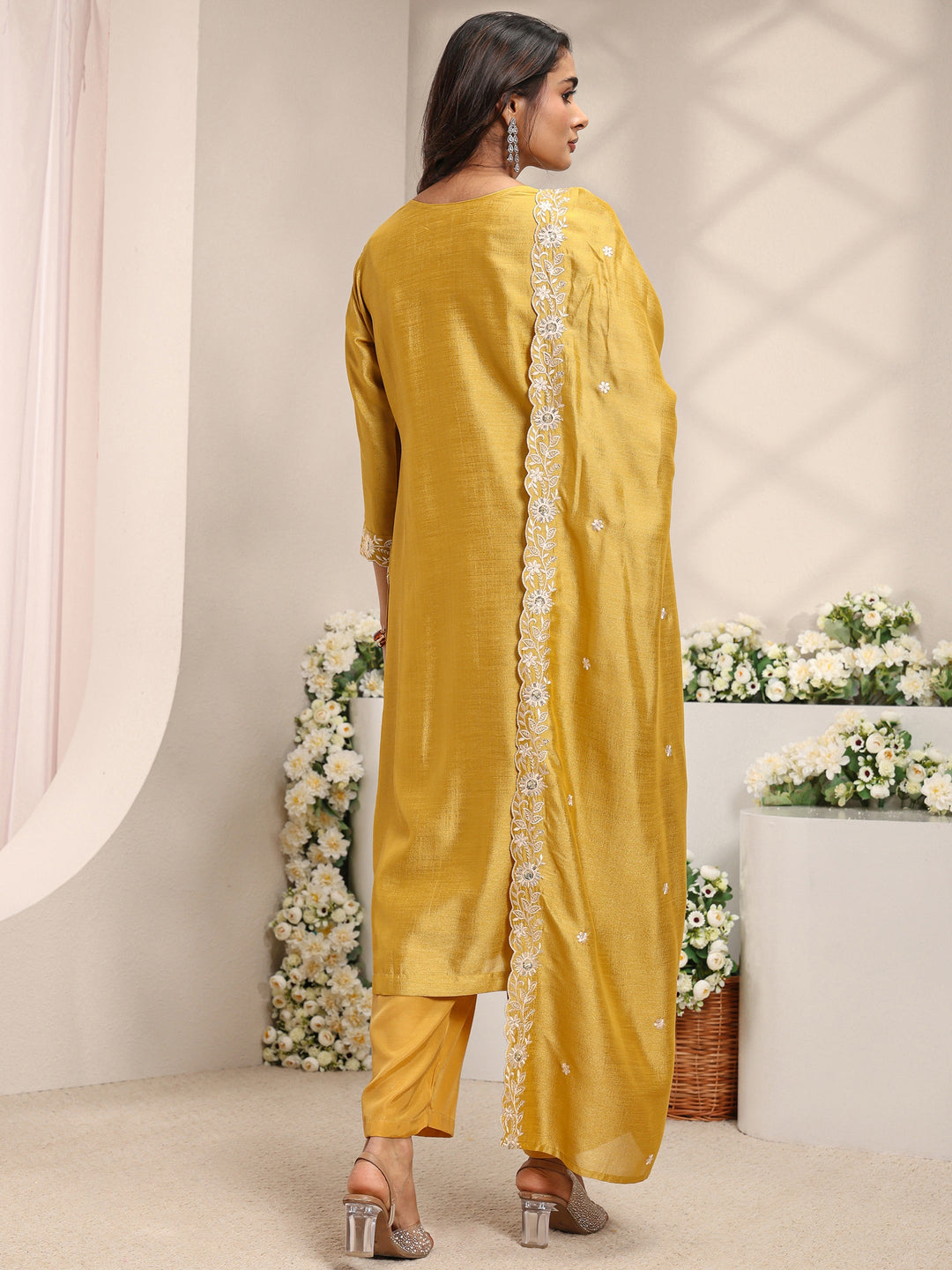 Mustard Floral Embroidered Silk Blend Straight Suit Set With Dupatta