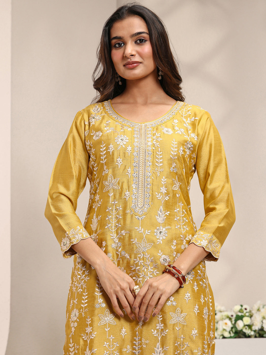 Mustard Floral Embroidered Silk Blend Straight Suit Set With Dupatta