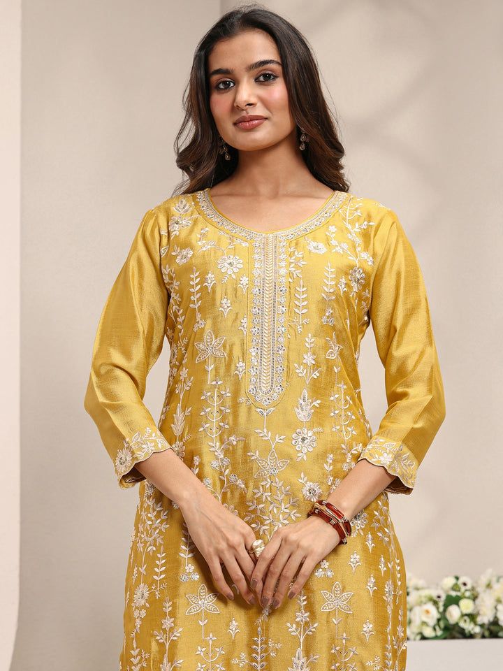 Mustard Floral Embroidered Silk Blend Straight Suit Set With Dupatta