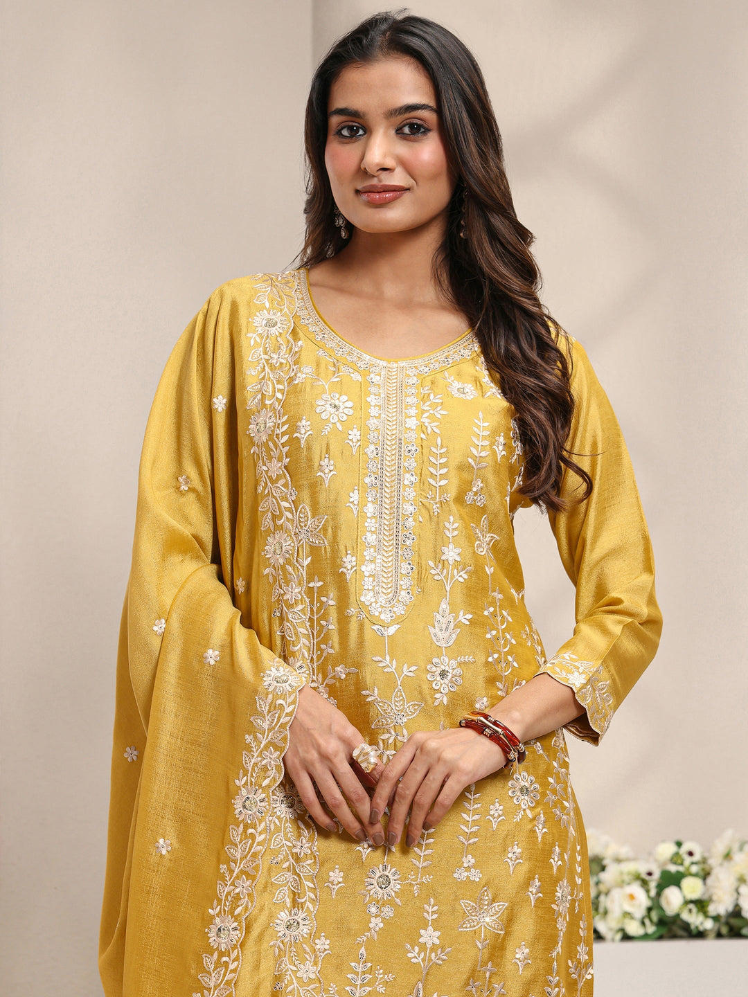 Mustard Floral Embroidered Silk Blend Straight Suit Set With Dupatta