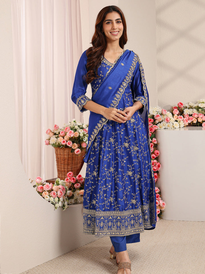 Blue Floral Embroidered Silk Blend Anarkali Suit Set With Dupatta