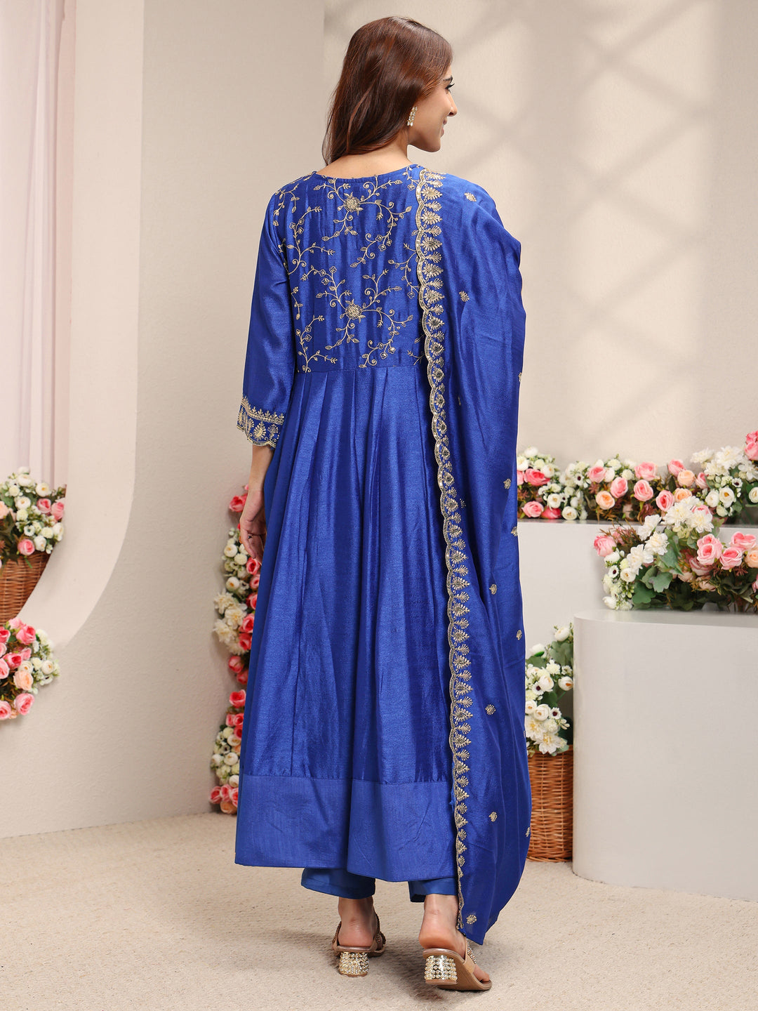 Blue Floral Embroidered Silk Blend Anarkali Suit Set With Dupatta