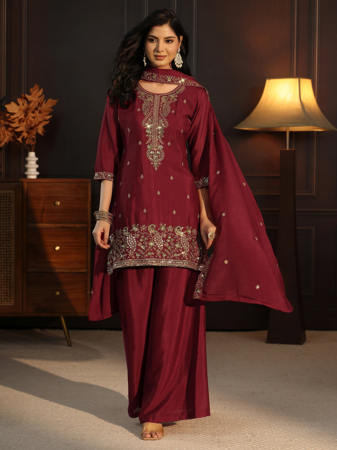 Libas Maroon Sequin Embellished Chinon Palazzo Suit Set