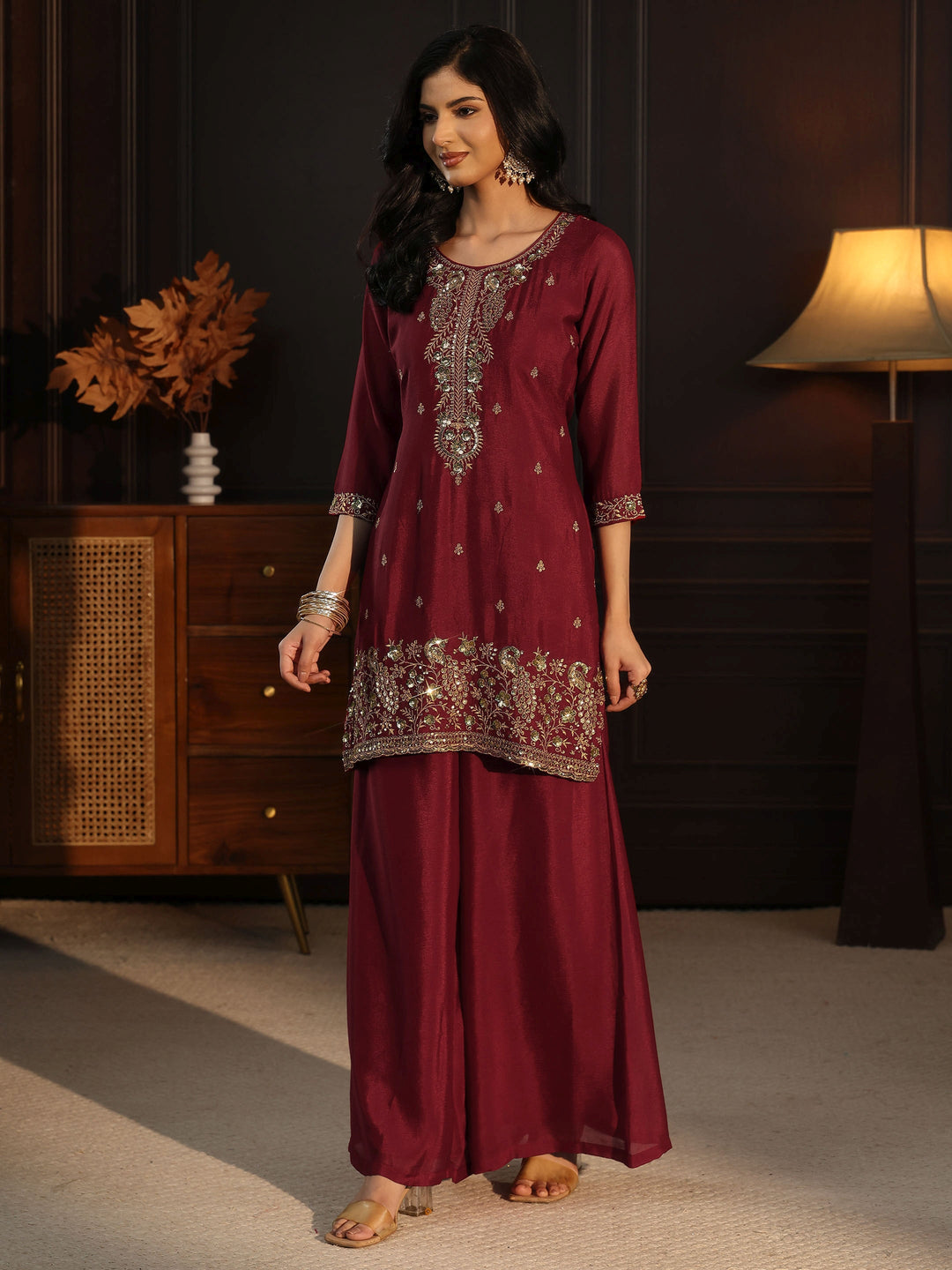 Libas Maroon Sequin Embellished Chinon Palazzo Suit Set