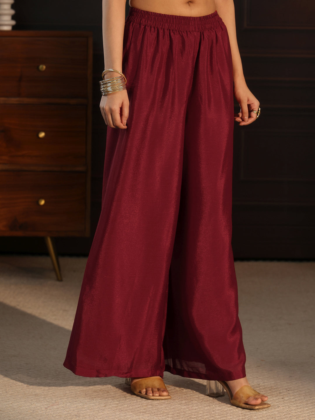 Libas Maroon Sequin Embellished Chinon Palazzo Suit Set