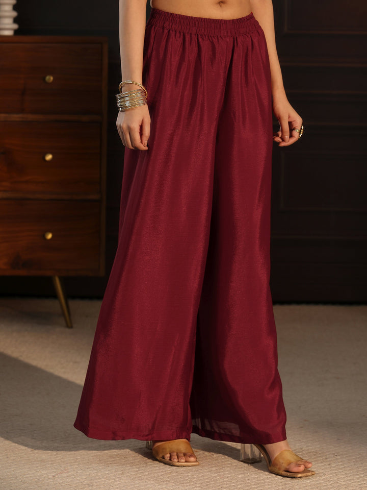 Libas Maroon Sequin Embellished Chinon Palazzo Suit Set