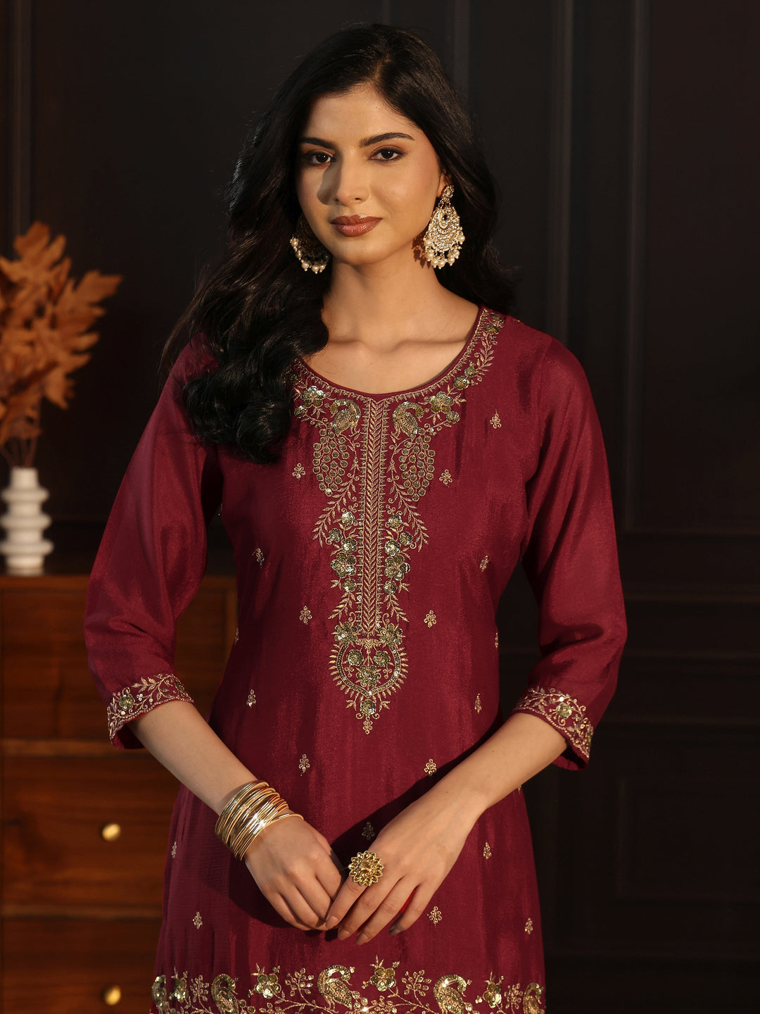 Libas Maroon Sequin Embellished Chinon Palazzo Suit Set