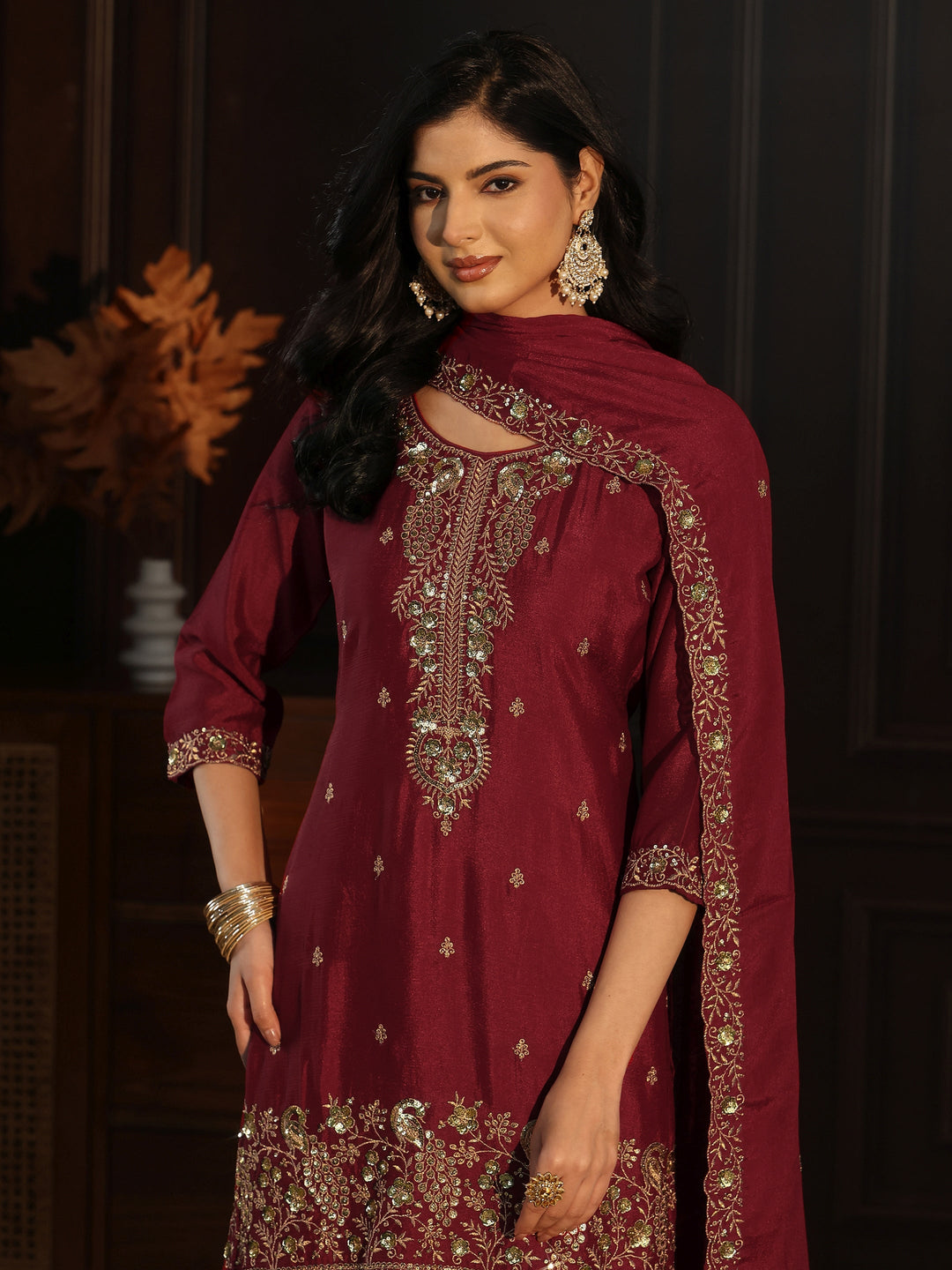 Libas Maroon Sequin Embellished Chinon Palazzo Suit Set