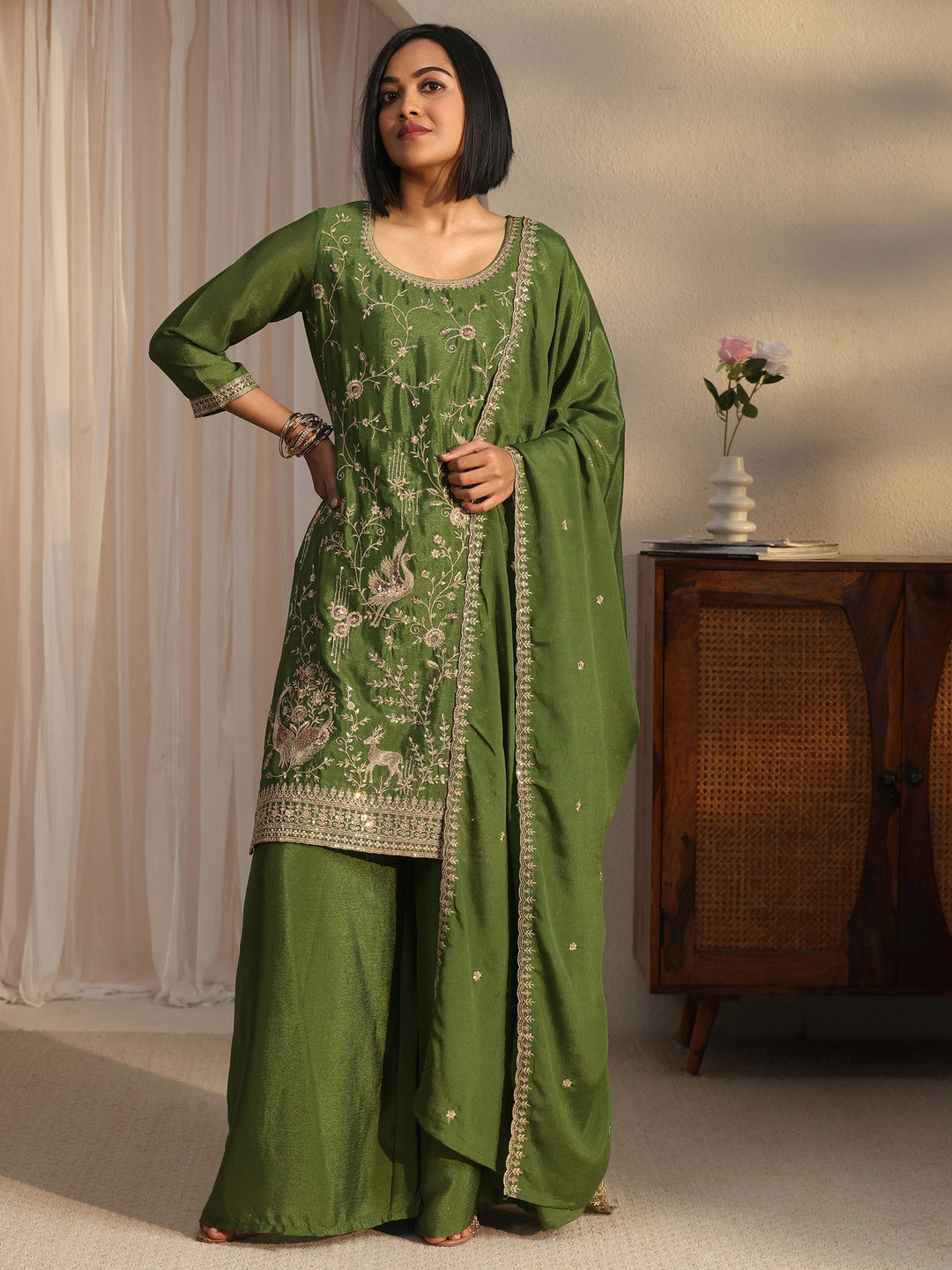 Libas Olive Green Floral Embellished Chinon Palazzo Suit Set