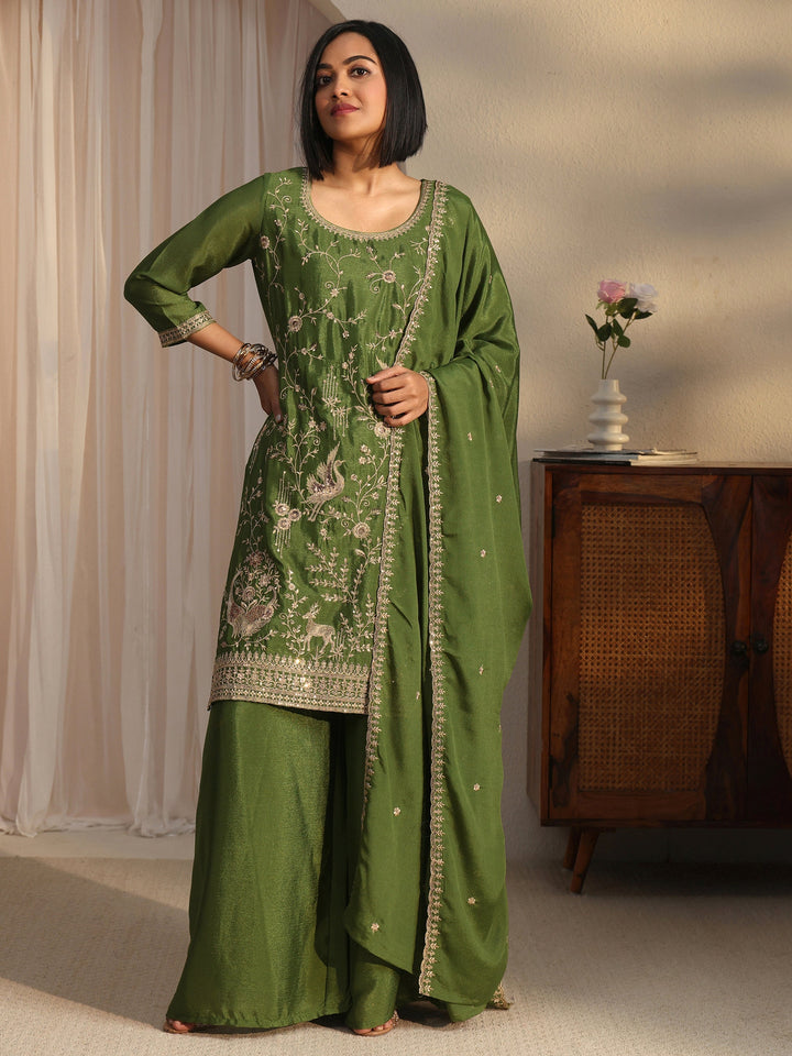 Libas Olive Green Floral Embellished Chinon Palazzo Suit Set