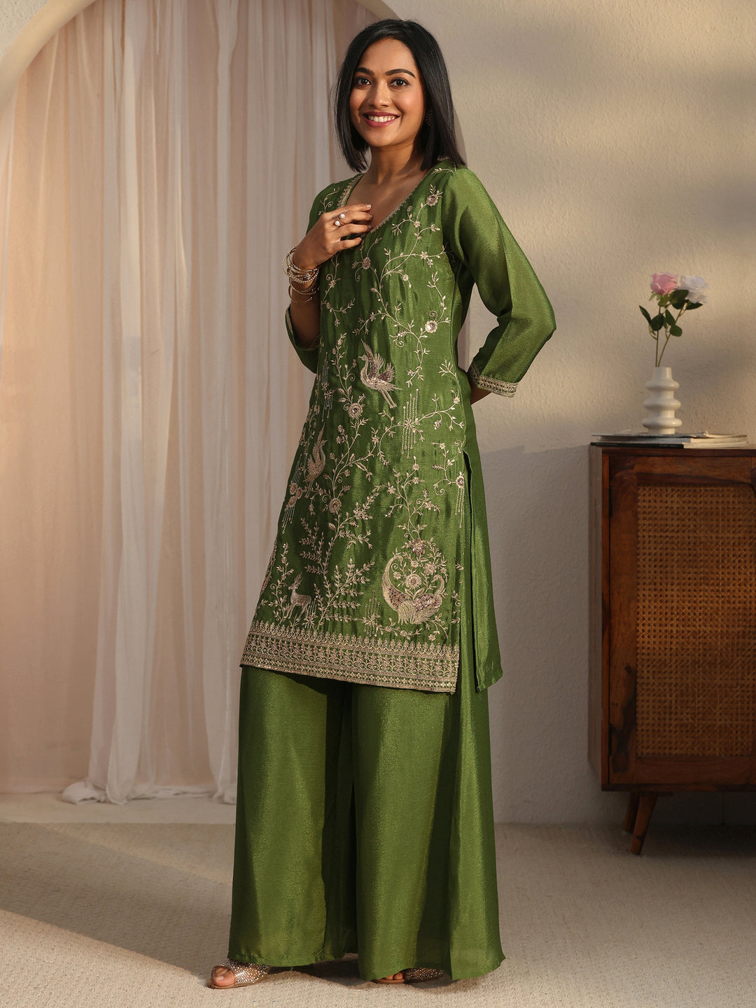 Libas Olive Green Floral Embellished Chinon Palazzo Suit Set