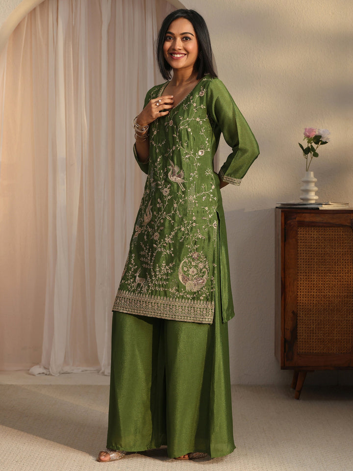 Libas Olive Green Floral Embellished Chinon Palazzo Suit Set