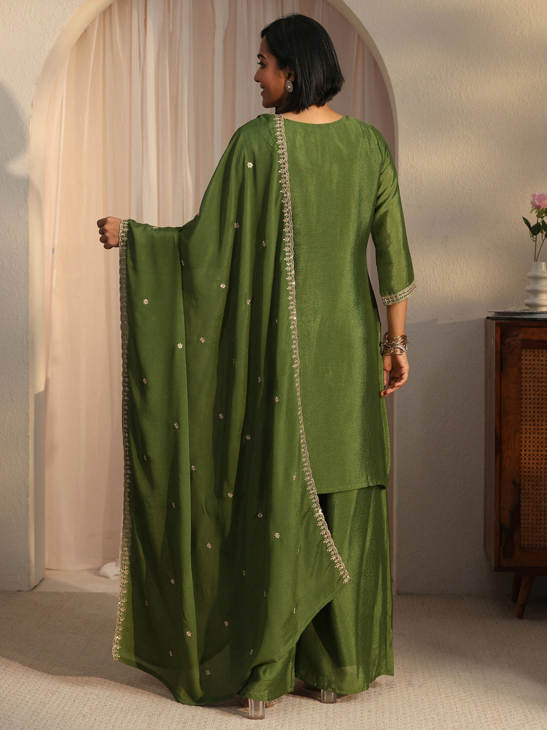 Libas Olive Green Floral Embellished Chinon Palazzo Suit Set