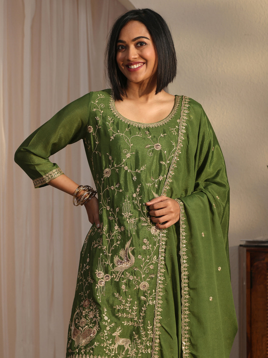 Libas Olive Green Floral Embellished Chinon Palazzo Suit Set