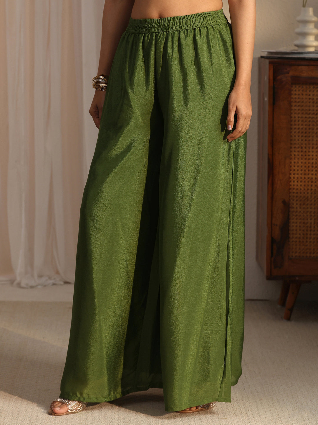 Libas Olive Green Floral Embellished Chinon Palazzo Suit Set