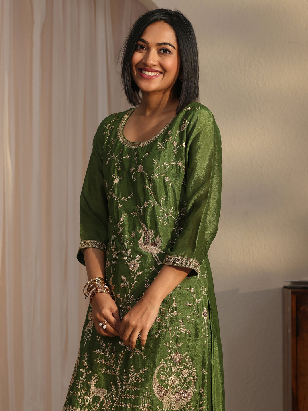 Libas Olive Green Floral Embellished Chinon Palazzo Suit Set