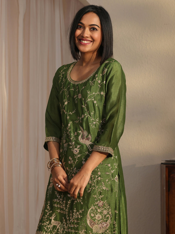 Libas Olive Green Floral Embellished Chinon Palazzo Suit Set