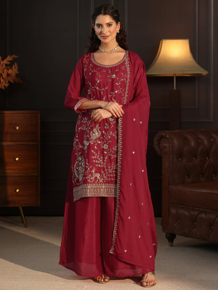 Libas Ruby Red Floral Embroidered Chinon Palazzo Suit Set