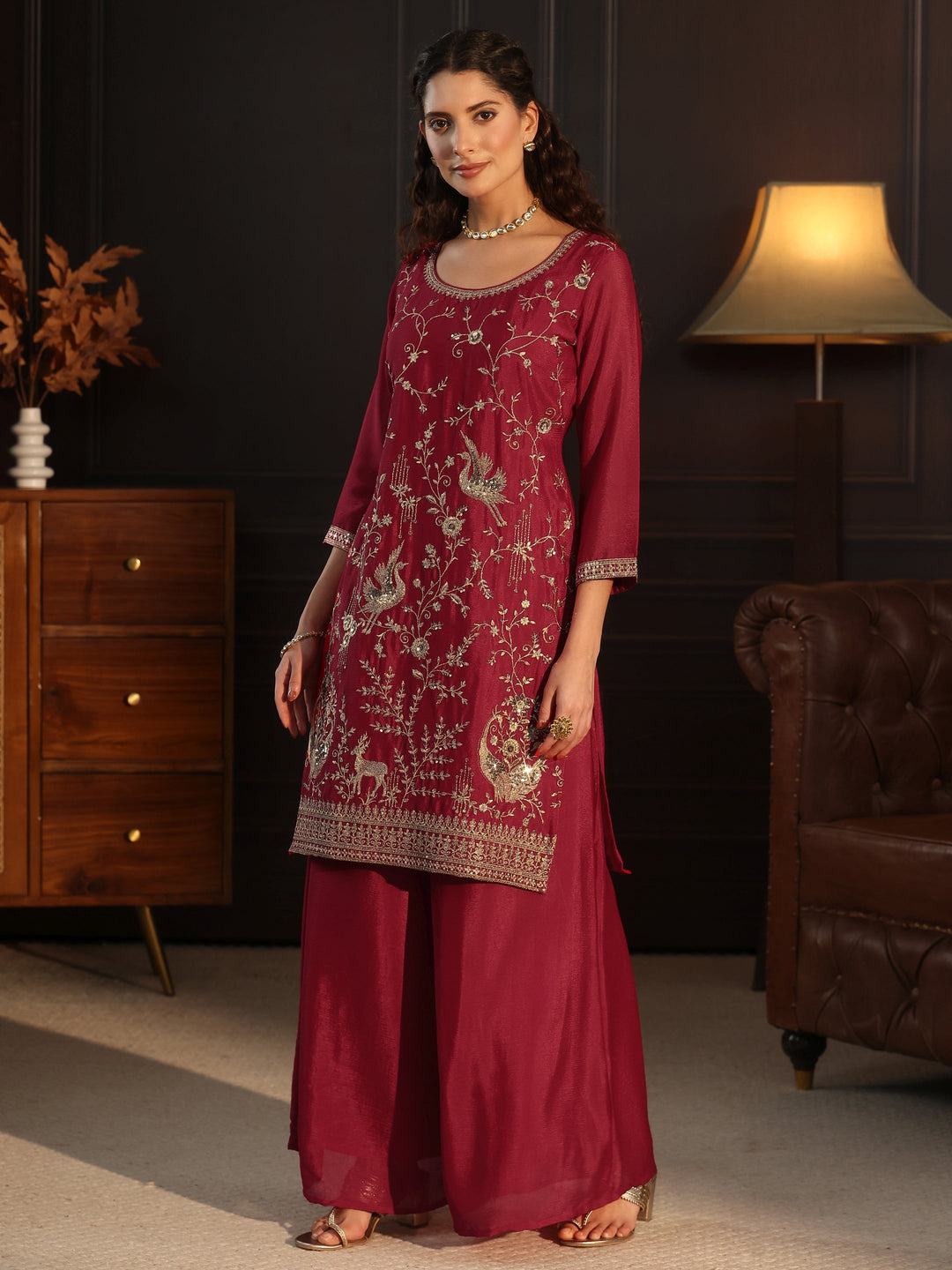 Libas Ruby Red Floral Embroidered Chinon Palazzo Suit Set