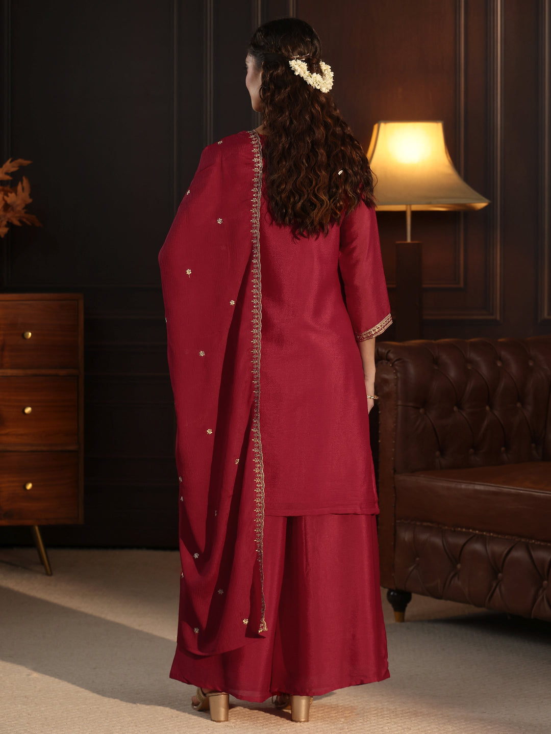Libas Ruby Red Floral Embroidered Chinon Palazzo Suit Set