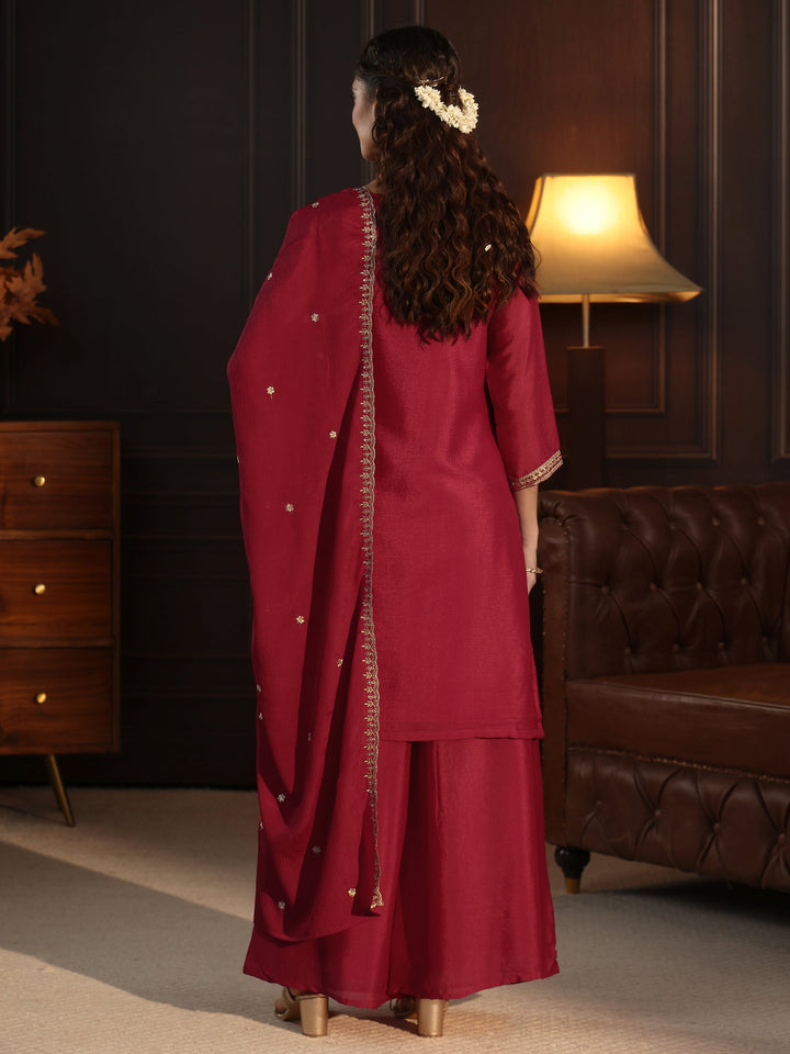 Libas Ruby Red Floral Embroidered Chinon Palazzo Suit Set