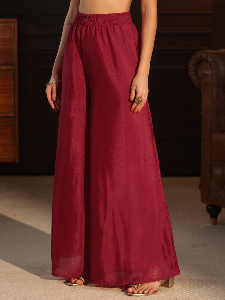 Libas Ruby Red Floral Embroidered Chinon Palazzo Suit Set