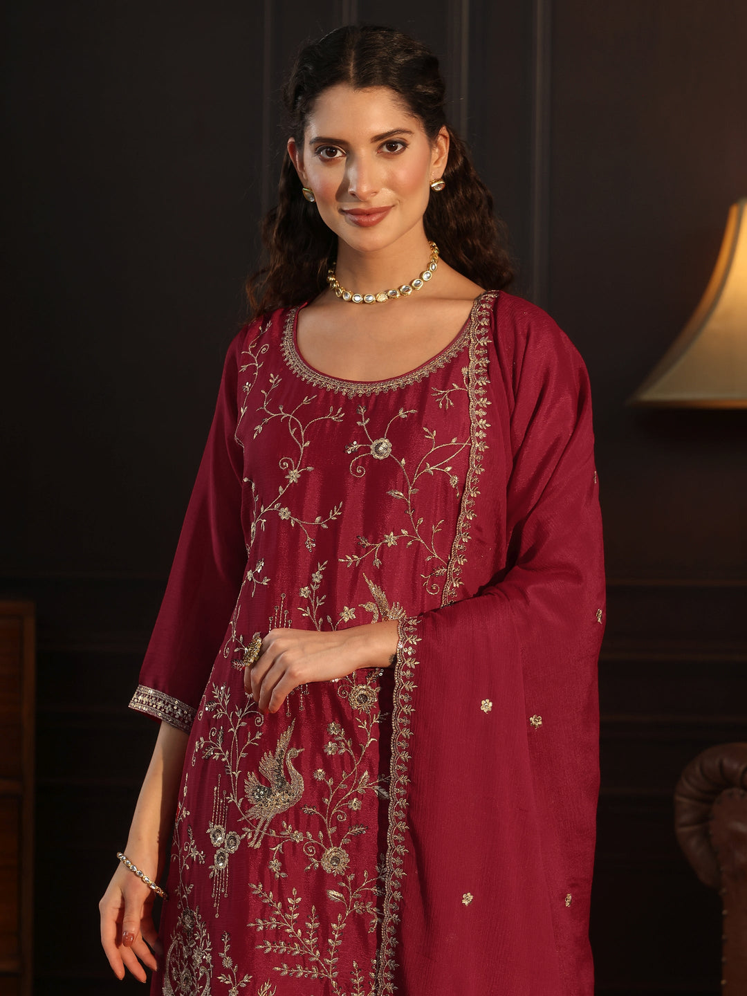 Libas Ruby Red Floral Embroidered Chinon Palazzo Suit Set